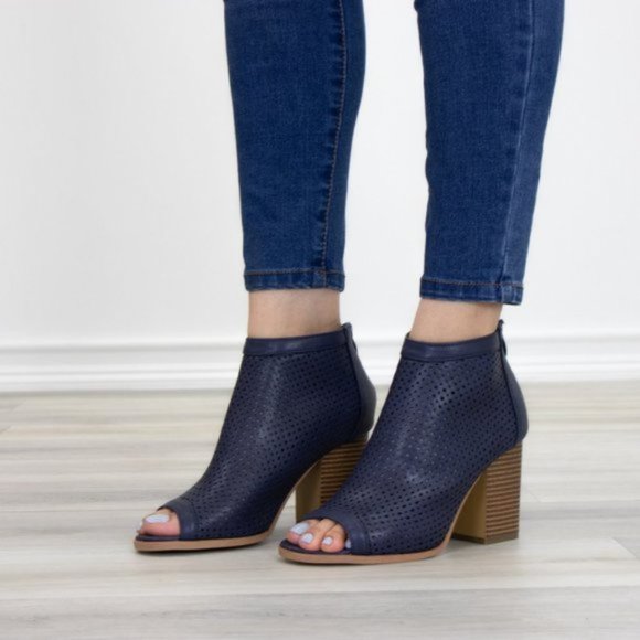 Navy Perforated Heeled Open Toe Ankle Boots - Picture 3 of 10